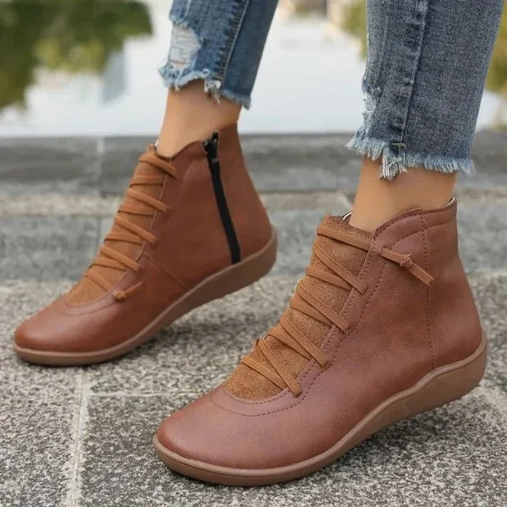 Women's Faux Leather Zip-Up Heeled Boots with Chunky Block Sole - Stylish & Comfortable Footwear