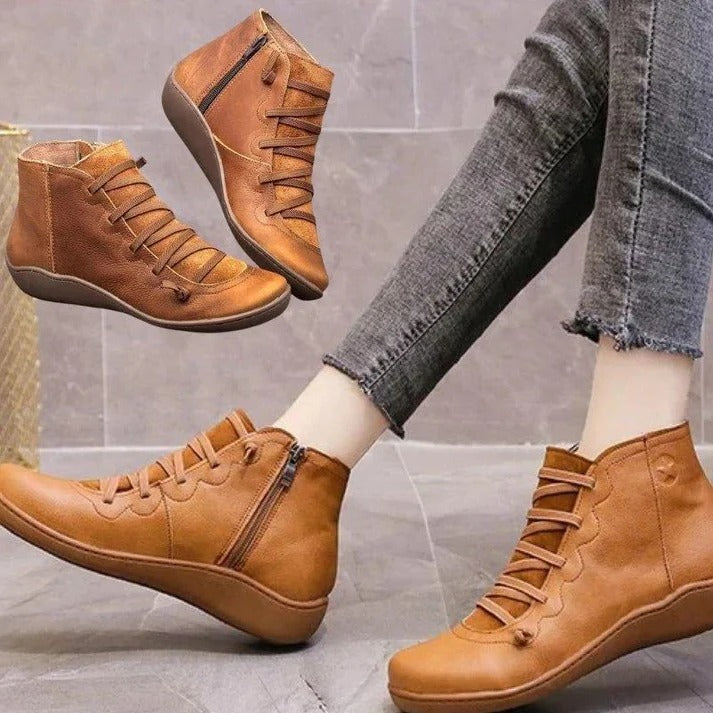 Women's Faux Leather Zip-Up Heeled Boots with Chunky Block Sole - Stylish & Comfortable Footwear