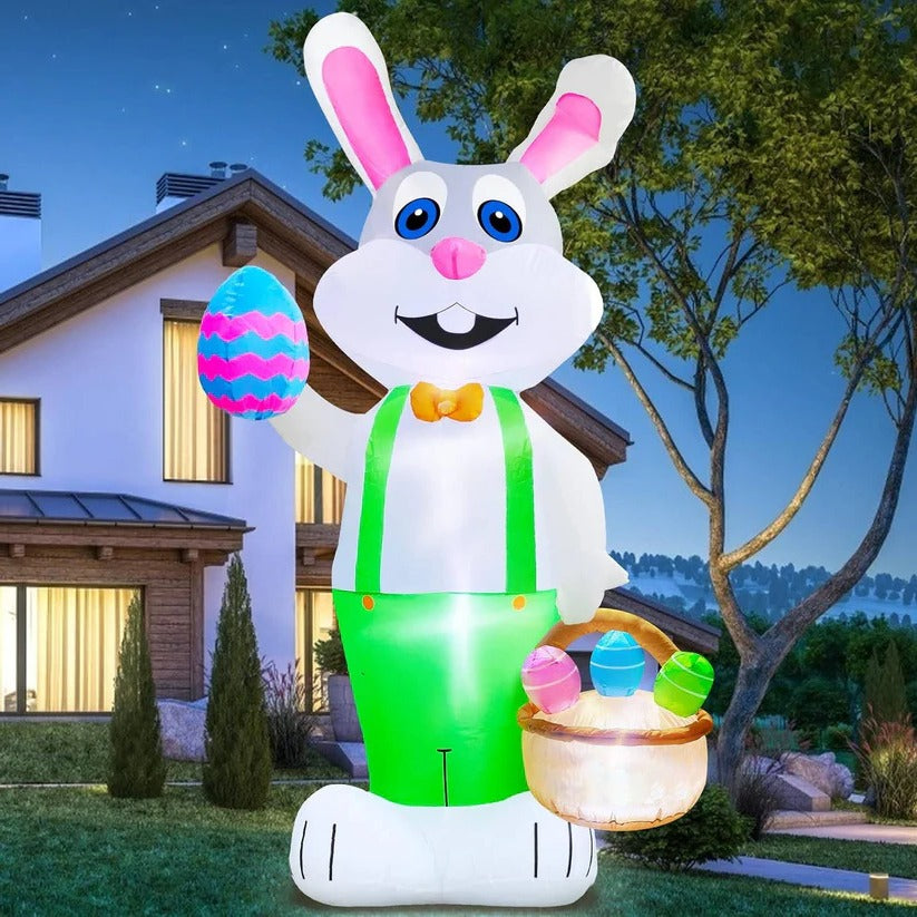 8 Ft Inflatable Easter Rabbit with LED Lights & Egg Basket - Perfect Outdoor Decor for Easter Celebrations