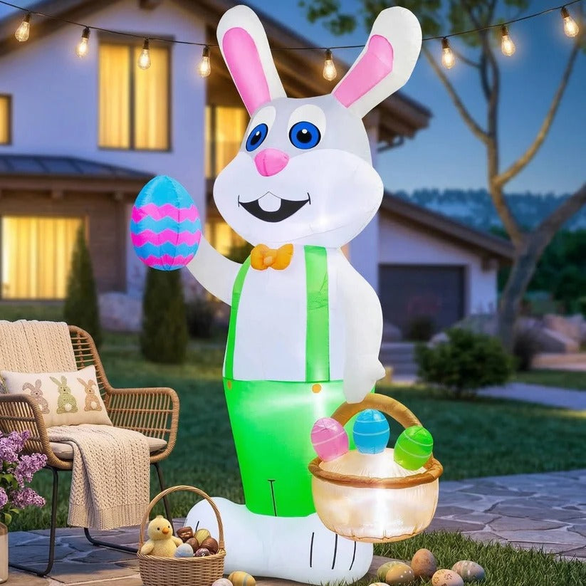 8 Ft Inflatable Easter Rabbit with LED Lights & Egg Basket - Perfect Outdoor Decor for Easter Celebrations