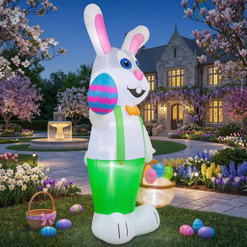8 Ft Inflatable Easter Rabbit with LED Lights & Egg Basket - Perfect Outdoor Decor for Easter Celebrations