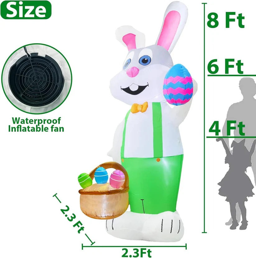 8 Ft Inflatable Easter Rabbit with LED Lights & Egg Basket - Perfect Outdoor Decor for Easter Celebrations