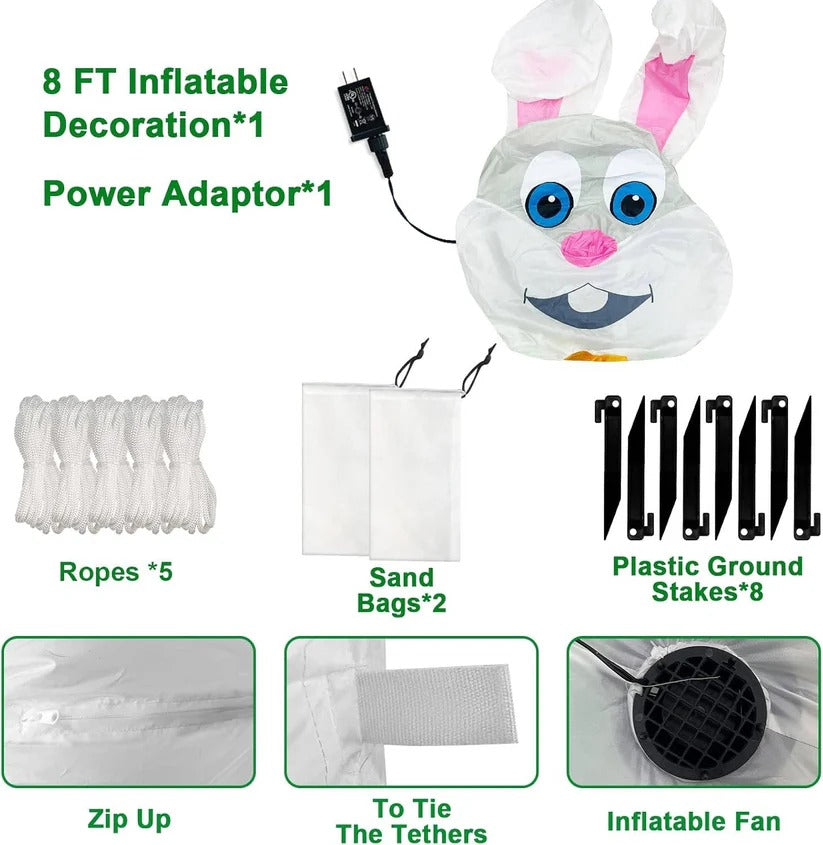8 Ft Inflatable Easter Rabbit with LED Lights & Egg Basket - Perfect Outdoor Decor for Easter Celebrations