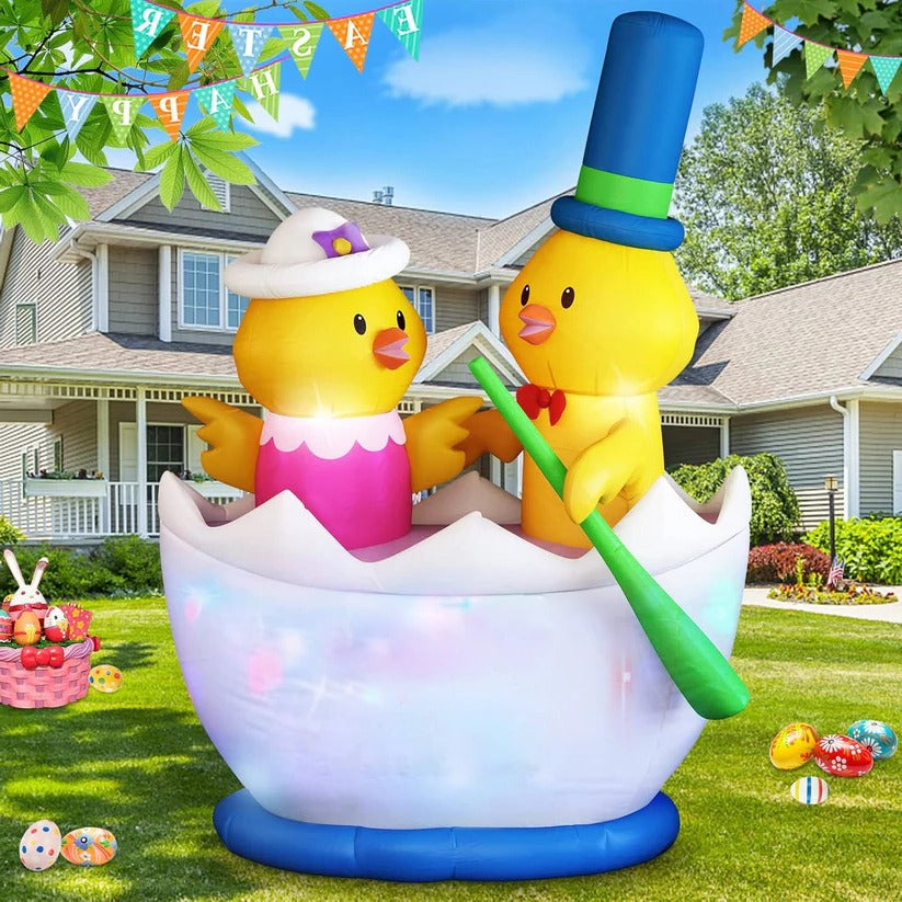 6 Ft Easter Inflatable Yard Decor - LED Lighted Chick Boat with 2 Adorable Chicks for Festive Outdoor Decoration
