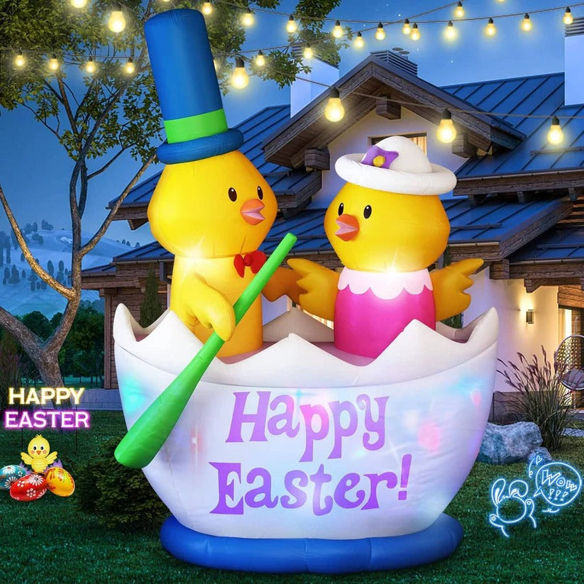 6 Ft Easter Inflatable Yard Decor - LED Lighted Chick Boat with 2 Adorable Chicks for Festive Outdoor Decoration