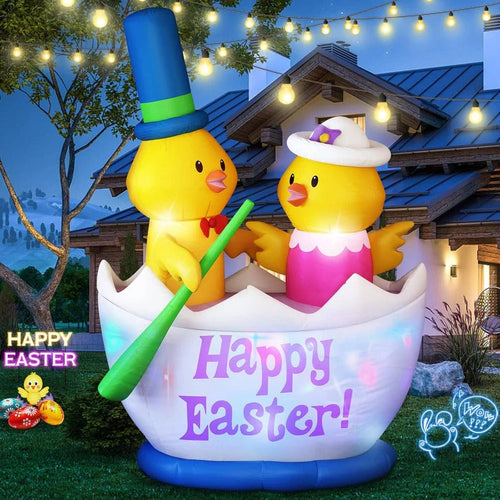 6 Ft Easter Inflatable Yard Decor - LED Lighted Chick Boat with 2 Adorable Chicks for Festive Outdoor Decoration