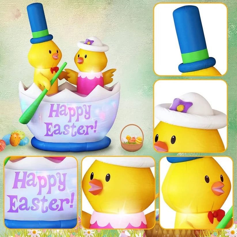 6 Ft Easter Inflatable Yard Decor - LED Lighted Chick Boat with 2 Adorable Chicks for Festive Outdoor Decoration