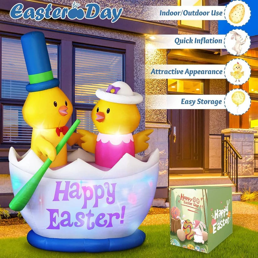 6 Ft Easter Inflatable Yard Decor - LED Lighted Chick Boat with 2 Adorable Chicks for Festive Outdoor Decoration