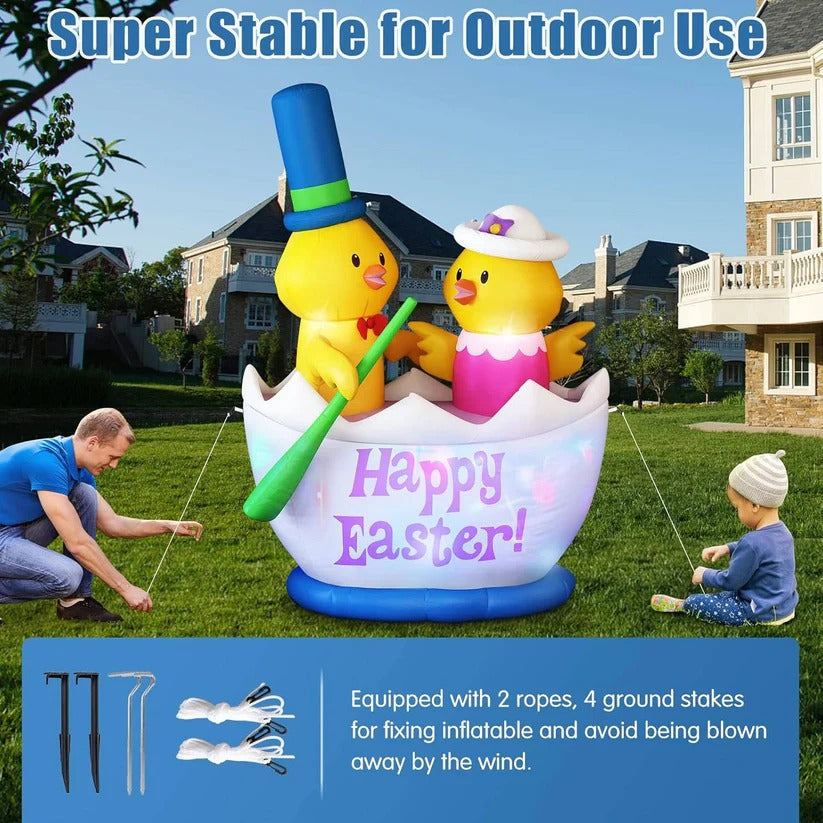 6 Ft Easter Inflatable Yard Decor - LED Lighted Chick Boat with 2 Adorable Chicks for Festive Outdoor Decoration