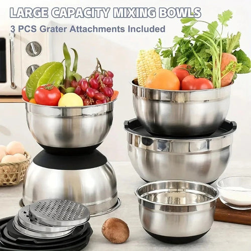8-Piece Stainless Steel Mixing Bowl Set with Lids & Non-Slip Base - Durable, Stackable Kitchen Bowls for Food Prep & Storage