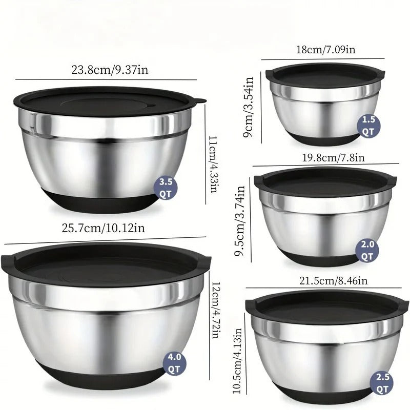 8-Piece Stainless Steel Mixing Bowl Set with Lids & Non-Slip Base - Durable, Stackable Kitchen Bowls for Food Prep & Storage