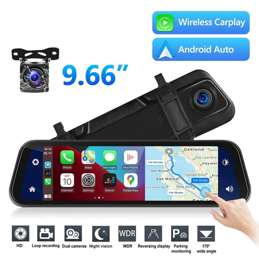 9.66-Inch Dual Camera Rearview Mirror Dash Cam with GPS, Touch Display & Night Vision