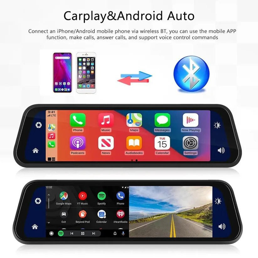 9.66-Inch Dual Camera Rearview Mirror Dash Cam with GPS, Touch Display & Night Vision