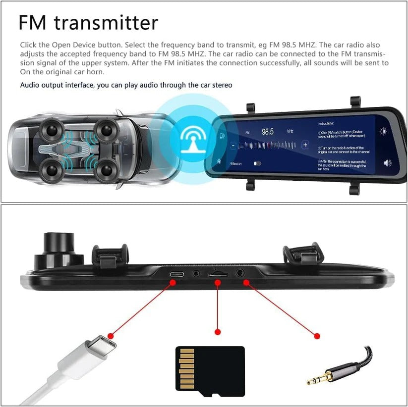 9.66-Inch Dual Camera Rearview Mirror Dash Cam with GPS, Touch Display & Night Vision