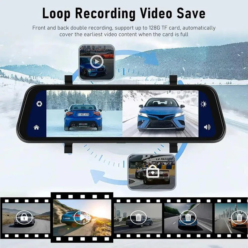 9.66-Inch Dual Camera Rearview Mirror Dash Cam with GPS, Touch Display & Night Vision