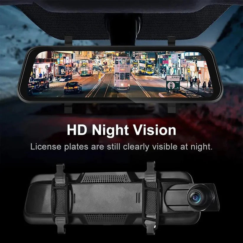 9.66-Inch Dual Camera Rearview Mirror Dash Cam with GPS, Touch Display & Night Vision