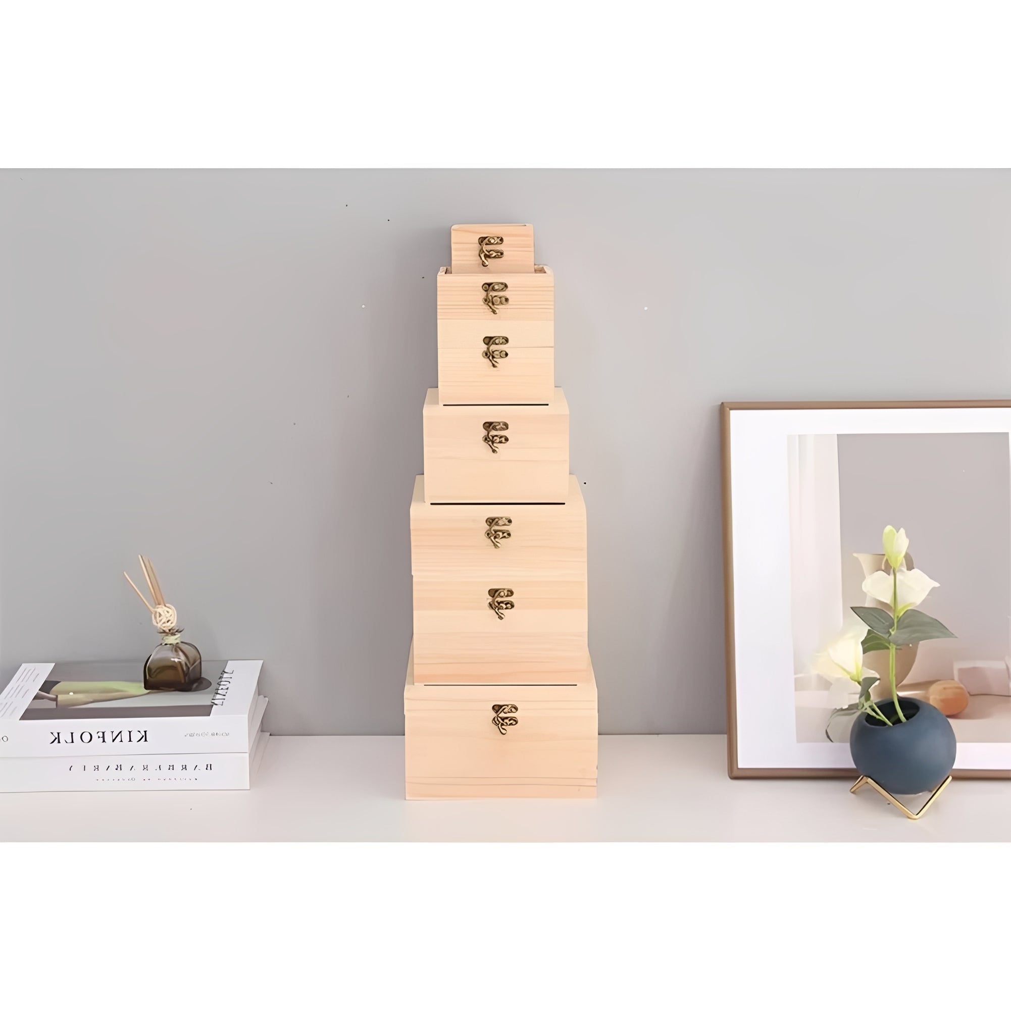 Elegant Square Wooden Storage Box with Hinged Lid - Perfect for Jewelry & Desktop Organization