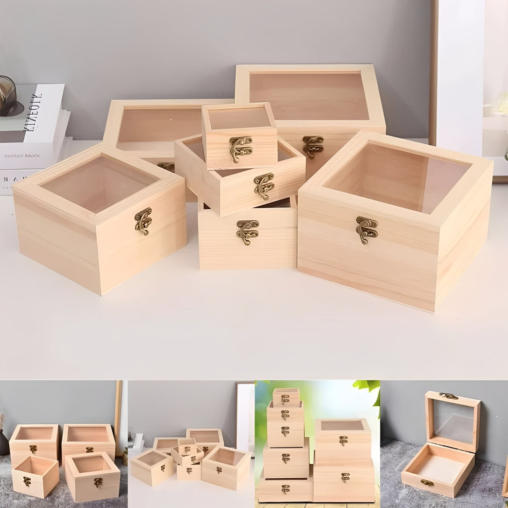 Elegant Square Wooden Storage Box with Hinged Lid - Perfect for Jewelry & Desktop Organization