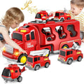 Fire Truck Transport Toy Set with Lights, 4 Friction Vehicles & Helicopter - Fun Emergency Rescue Playset for Kids