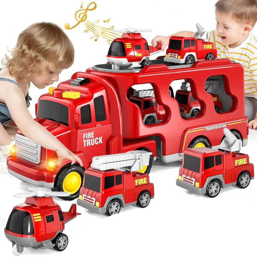 Fire Truck Transport Toy Set with Lights, 4 Friction Vehicles & Helicopter - Fun Emergency Rescue Playset for Kids
