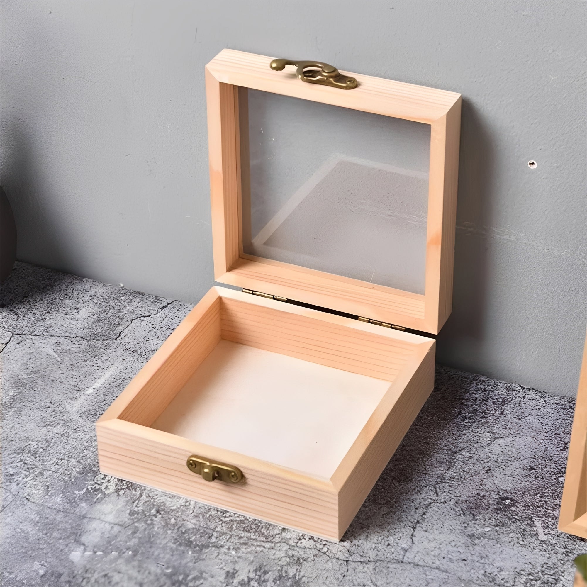 Elegant Square Wooden Storage Box with Hinged Lid - Perfect for Jewelry & Desktop Organization