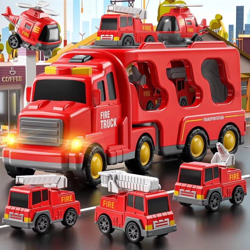 Fire Truck Transport Toy Set with Lights, 4 Friction Vehicles & Helicopter - Fun Emergency Rescue Playset for Kids