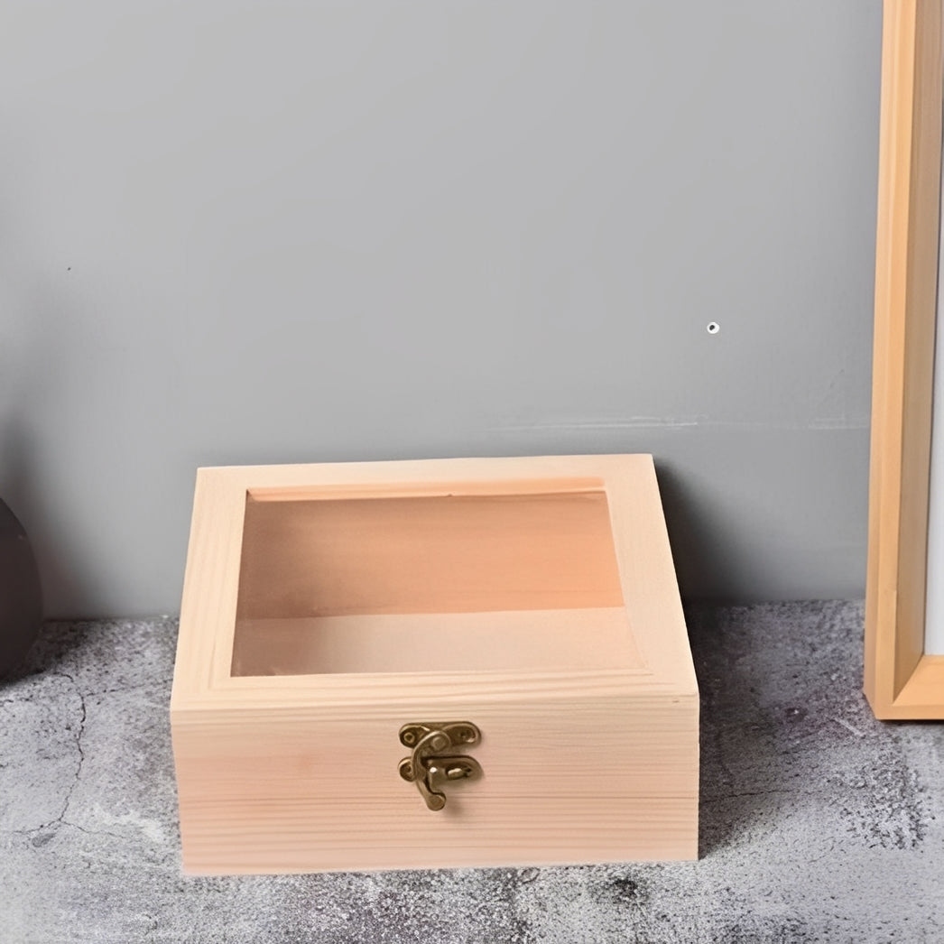 Elegant Square Wooden Storage Box with Hinged Lid - Perfect for Jewelry & Desktop Organization