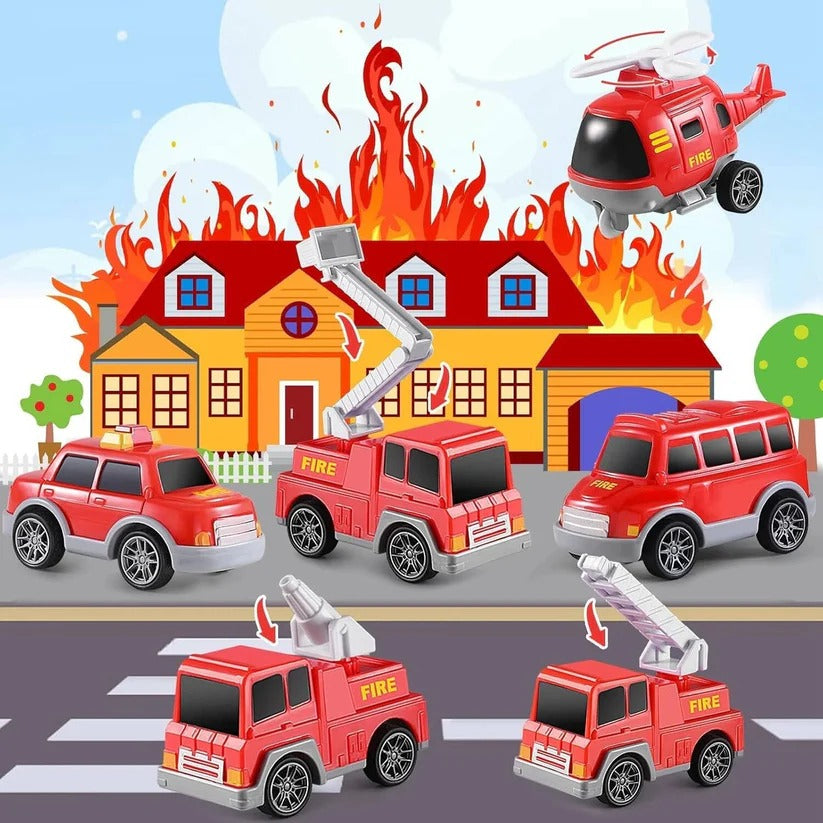 Fire Truck Transport Toy Set with Lights, 4 Friction Vehicles & Helicopter - Fun Emergency Rescue Playset for Kids