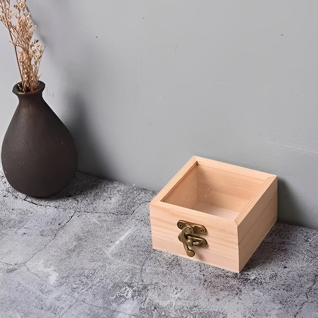 Elegant Square Wooden Storage Box with Hinged Lid - Perfect for Jewelry & Desktop Organization