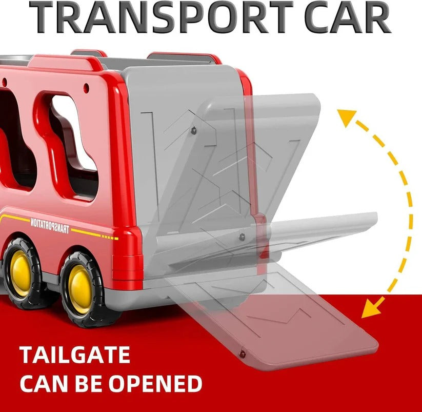 Fire Truck Transport Toy Set with Lights, 4 Friction Vehicles & Helicopter - Fun Emergency Rescue Playset for Kids