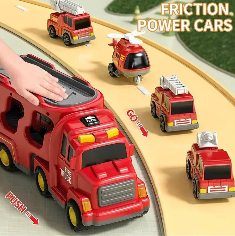 Fire Truck Transport Toy Set with Lights, 4 Friction Vehicles & Helicopter - Fun Emergency Rescue Playset for Kids