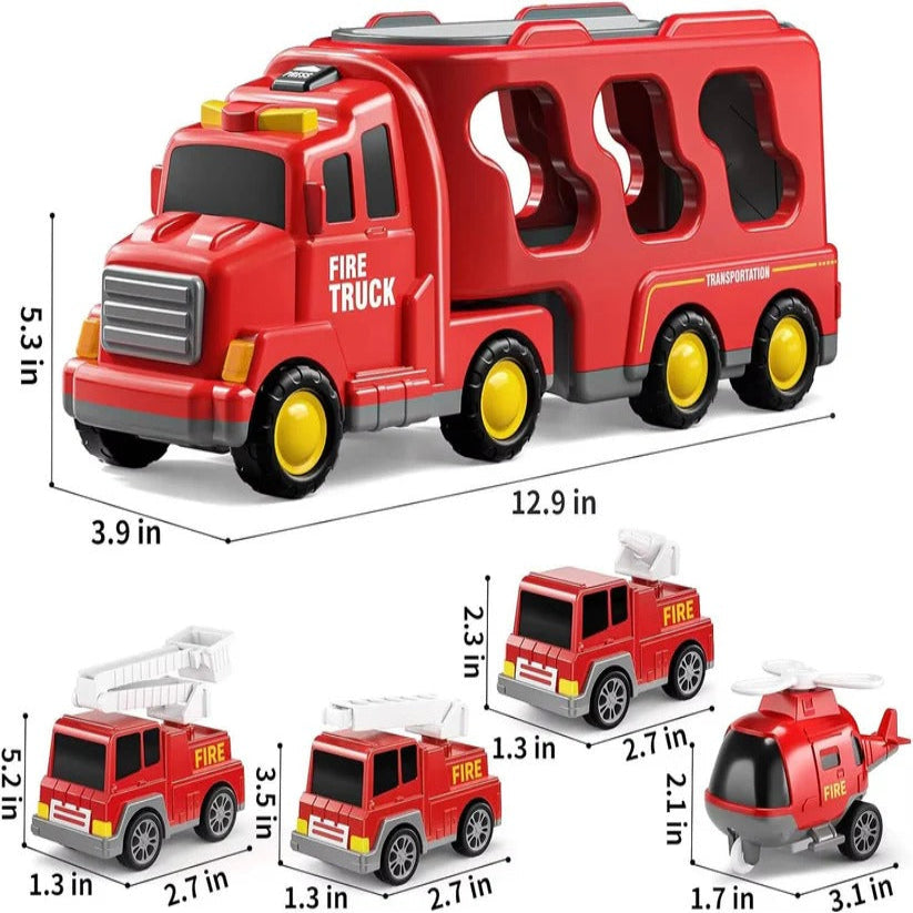 Fire Truck Transport Toy Set with Lights, 4 Friction Vehicles & Helicopter - Fun Emergency Rescue Playset for Kids