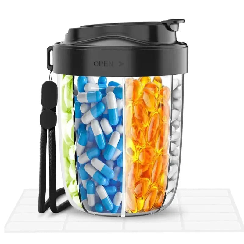 Travel-Friendly Weekly Pill Organizer with 4 Sections, Easy-Access Wide Opening Compartments & Convenient Carrying Strap