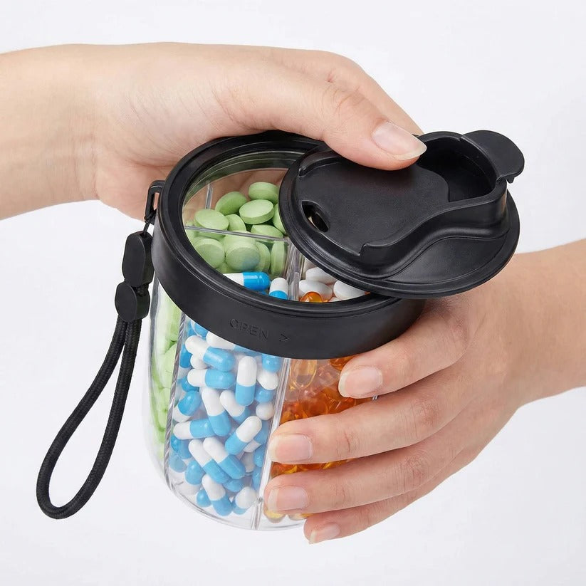 Travel-Friendly Weekly Pill Organizer with 4 Sections, Easy-Access Wide Opening Compartments & Convenient Carrying Strap