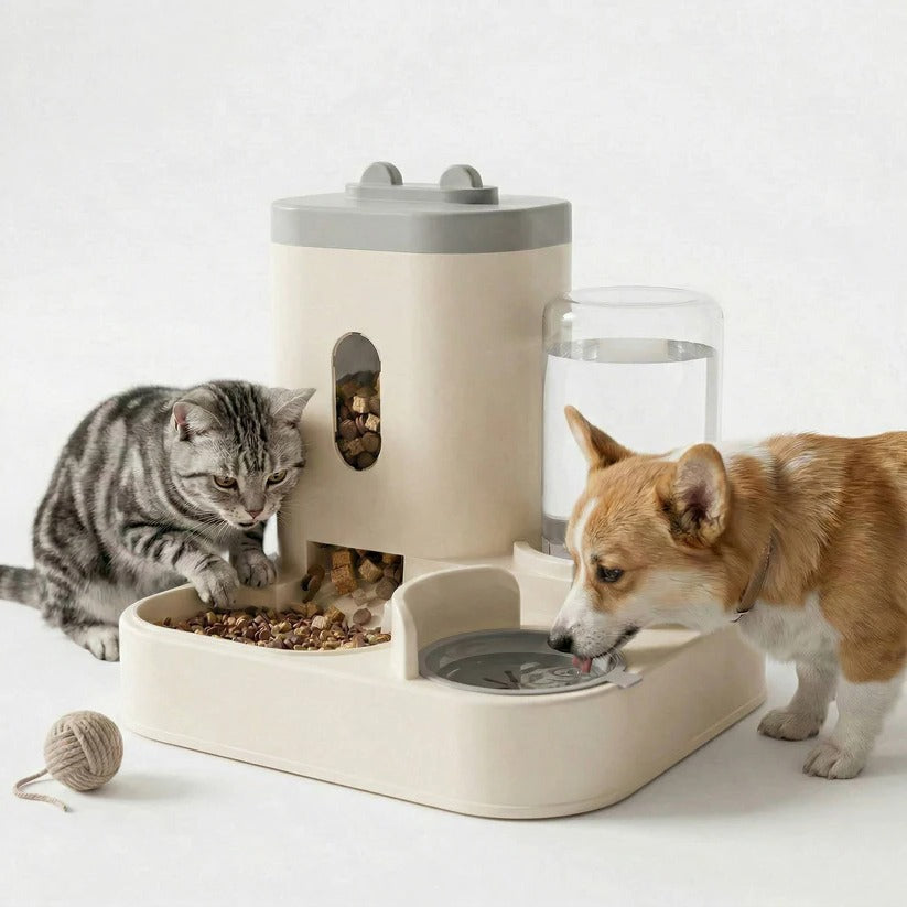 Automatic Pet Feeder & Water Dispenser - Gravity Feed System for Cats & Dogs - Easy Fill, Adjustable Portions