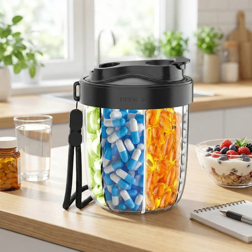 Travel-Friendly Weekly Pill Organizer with 4 Sections, Easy-Access Wide Opening Compartments & Convenient Carrying Strap