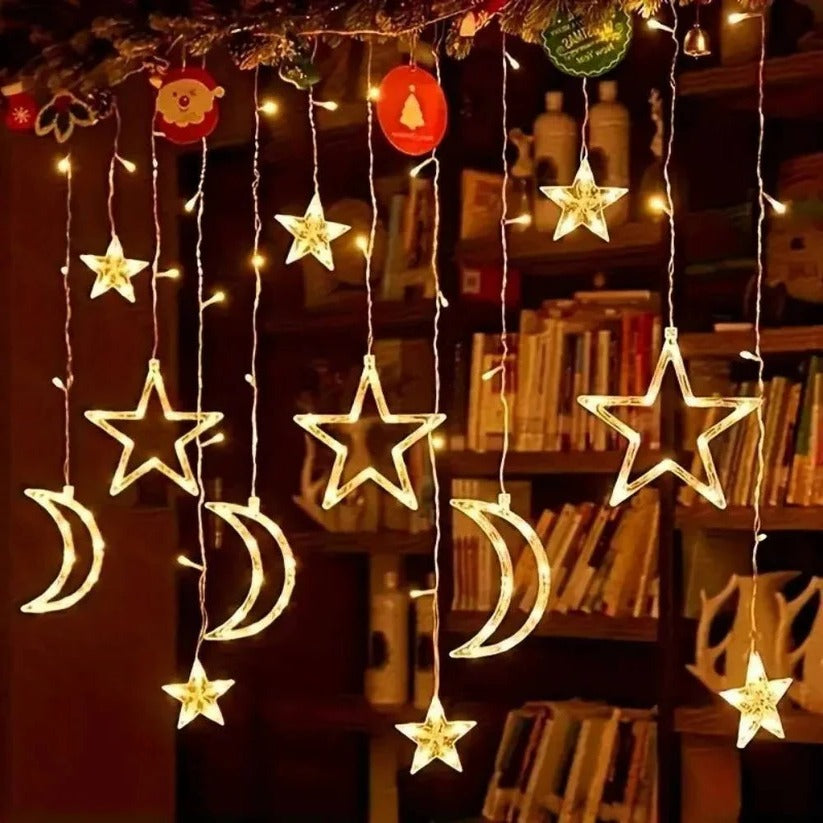138-Inch LED Star and Moon Window Curtain String Lights - Enchanting Decorative Lighting for Home and Events