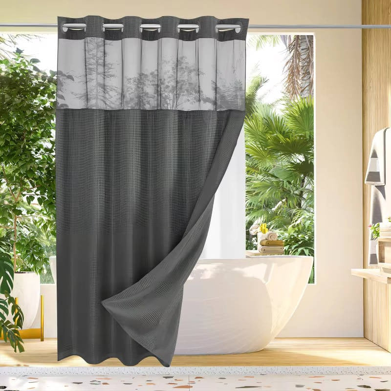 Waffle Weave Shower Curtain with Mesh Window & Snap-In Liner - Stylish Water-Resistant Bathroom Decor