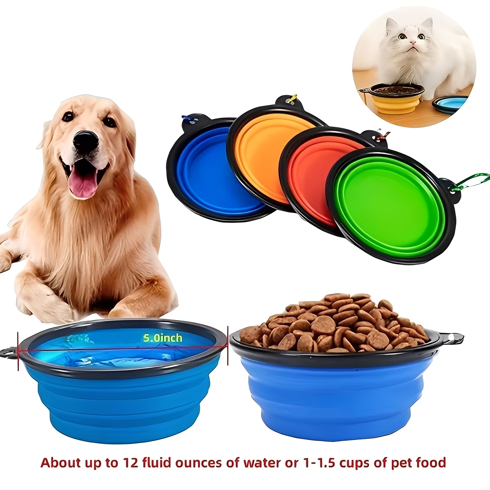 Portable Collapsible Silicone Pet Bowl for Dogs & Cats - Travel-Friendly, Lightweight, Easy to Clean