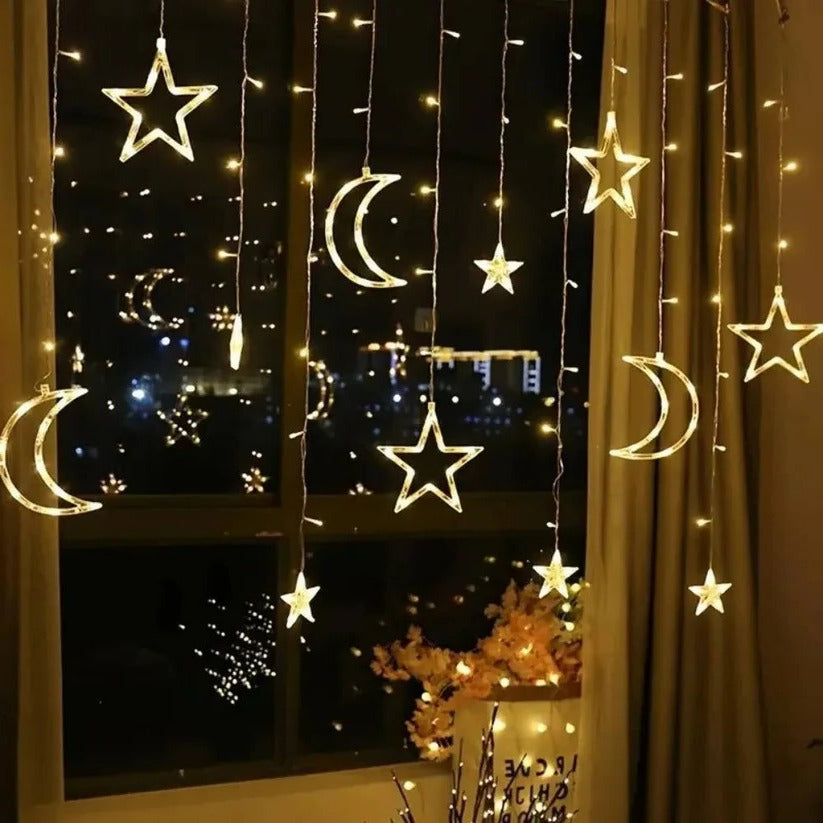 138-Inch LED Star and Moon Window Curtain String Lights - Enchanting Decorative Lighting for Home and Events