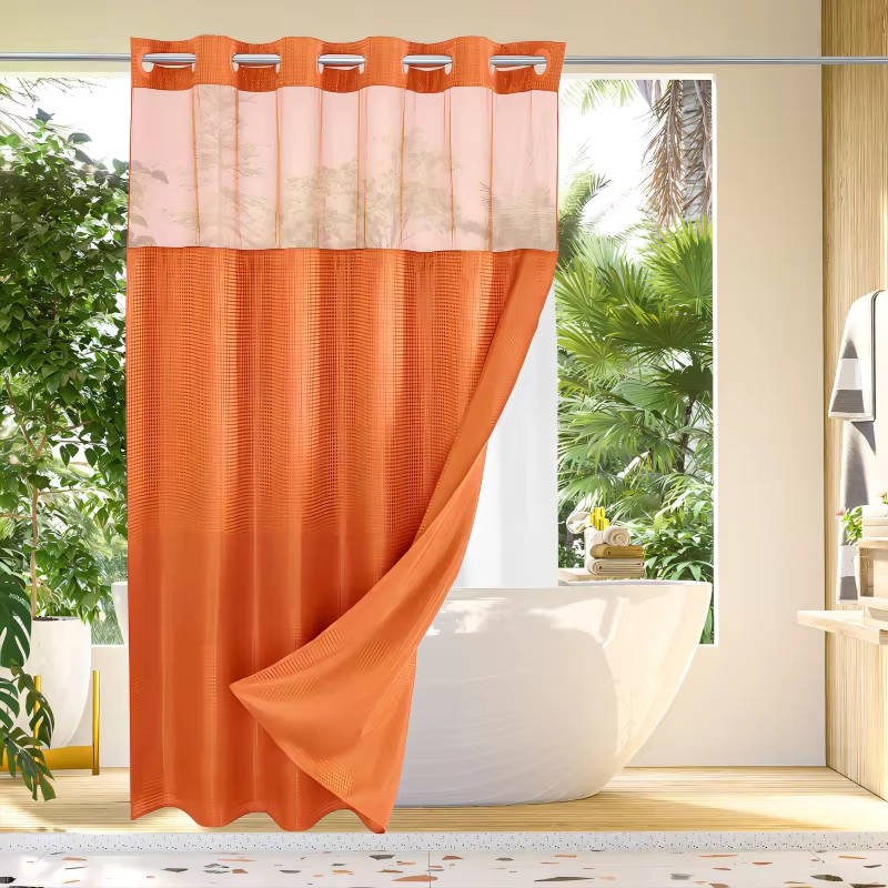 Waffle Weave Shower Curtain with Mesh Window & Snap-In Liner - Stylish Water-Resistant Bathroom Decor