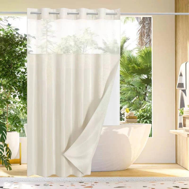 Waffle Weave Shower Curtain with Mesh Window & Snap-In Liner - Stylish Water-Resistant Bathroom Decor