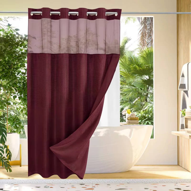 Waffle Weave Shower Curtain with Mesh Window & Snap-In Liner - Stylish Water-Resistant Bathroom Decor