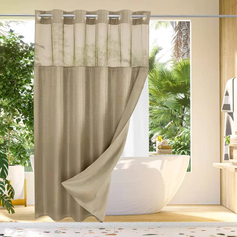 Waffle Weave Shower Curtain with Mesh Window & Snap-In Liner - Stylish Water-Resistant Bathroom Decor