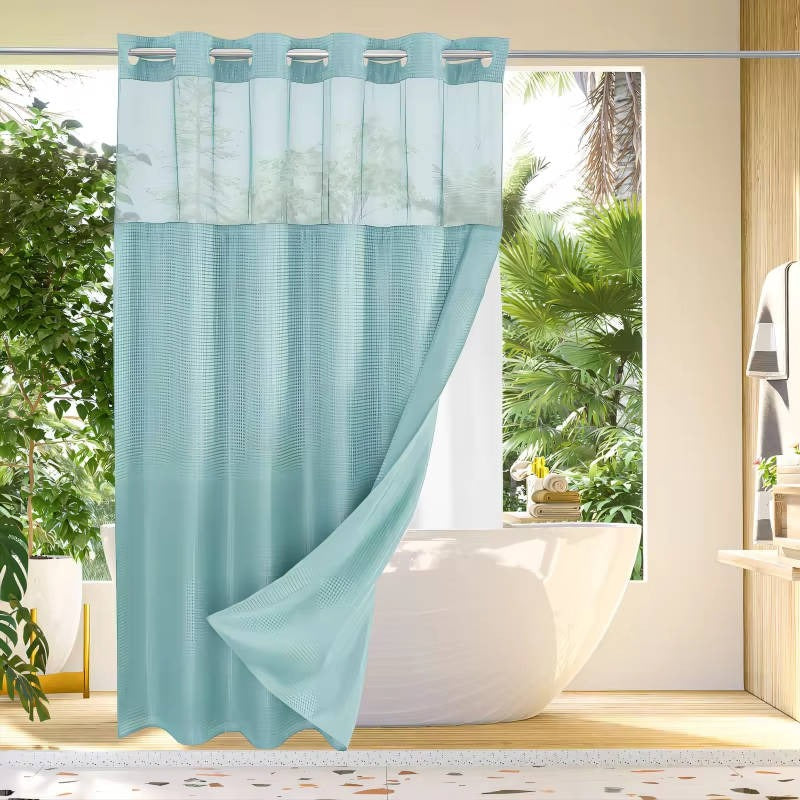 Waffle Weave Shower Curtain with Mesh Window & Snap-In Liner - Stylish Water-Resistant Bathroom Decor