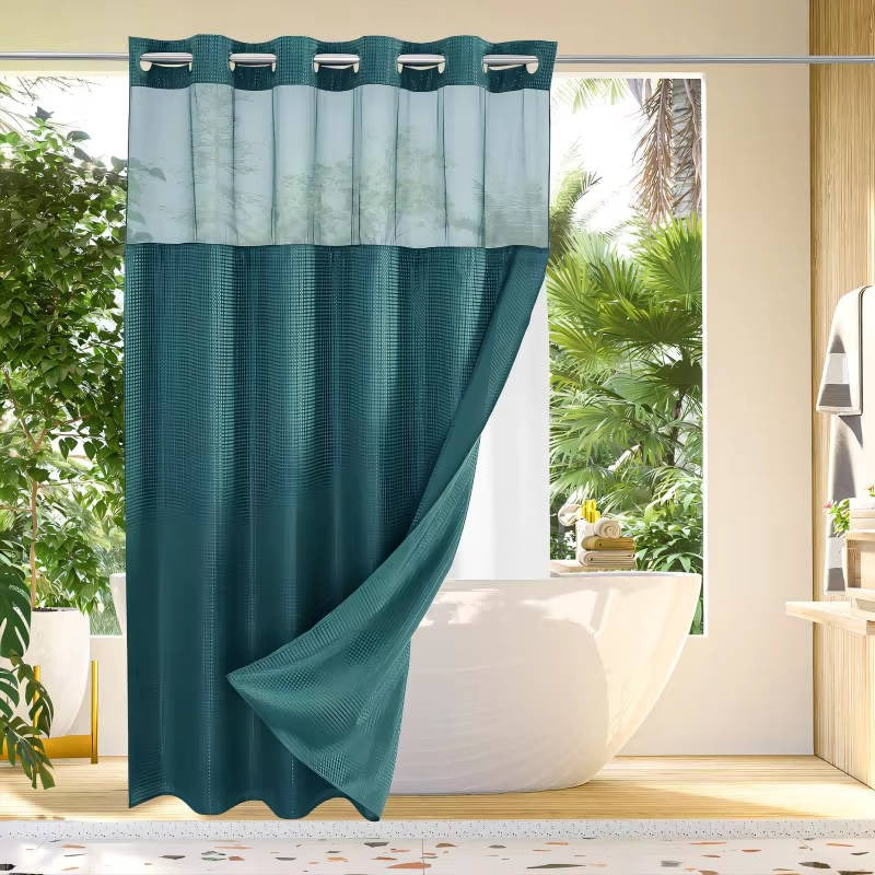 Waffle Weave Shower Curtain with Mesh Window & Snap-In Liner - Stylish Water-Resistant Bathroom Decor