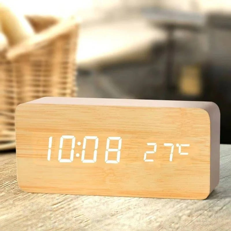 Digital Wood Grain Alarm Clock - 3 Adjustable Alarms & Brightness Settings | Stylish & Functional Design