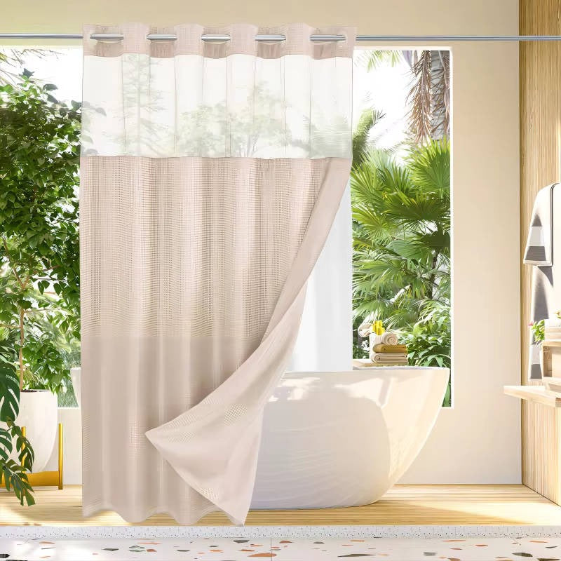 Waffle Weave Shower Curtain with Mesh Window & Snap-In Liner - Stylish Water-Resistant Bathroom Decor