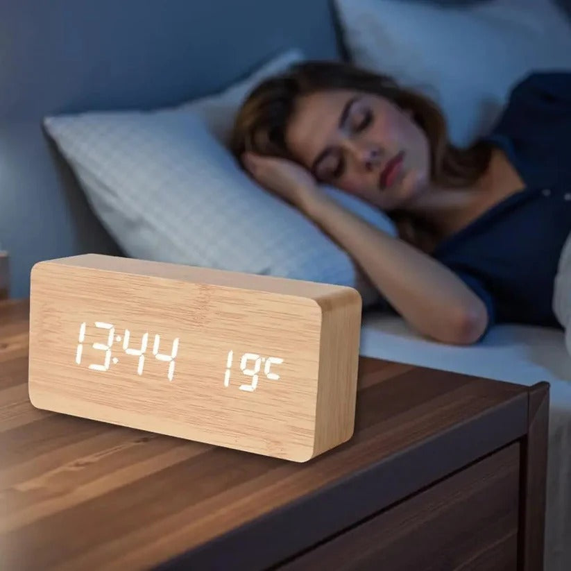 Digital Wood Grain Alarm Clock - 3 Adjustable Alarms & Brightness Settings | Stylish & Functional Design