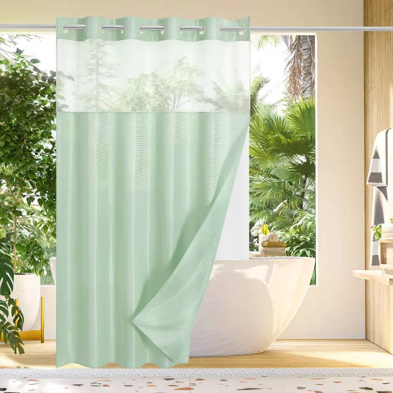 Waffle Weave Shower Curtain with Mesh Window & Snap-In Liner - Stylish Water-Resistant Bathroom Decor